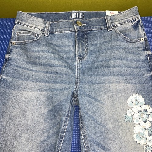 NWT JUSTICE Pedal Pushers Jeans Girls Size 16 Flowers Soft Stretch Sequins - Picture 3 of 10