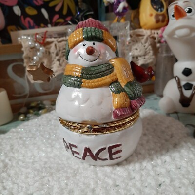 Vintage Ceramic Snowman Star Cardinal Trinket Box Box Container