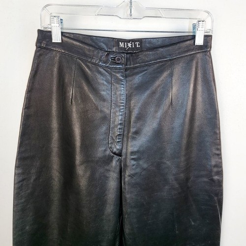 Mixit Vintage 90s Black Genuine Leather Straight Leg Pants Size 8 Alt Moto Biker - Picture 3 of 7