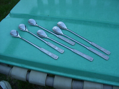 6 Stainless Steel Ice Tea Martini Spoons 7 1/2'' Retro  EXECELLENT
