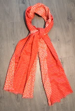 Rectangle Accent Neck Scarf Melon/Peach Magenta White Polka Dot 19x71" Fringe