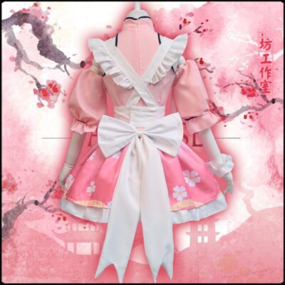 Anime Women Pink cherry blossom cos maid Long sleeve dress cute  dress |  eBay
