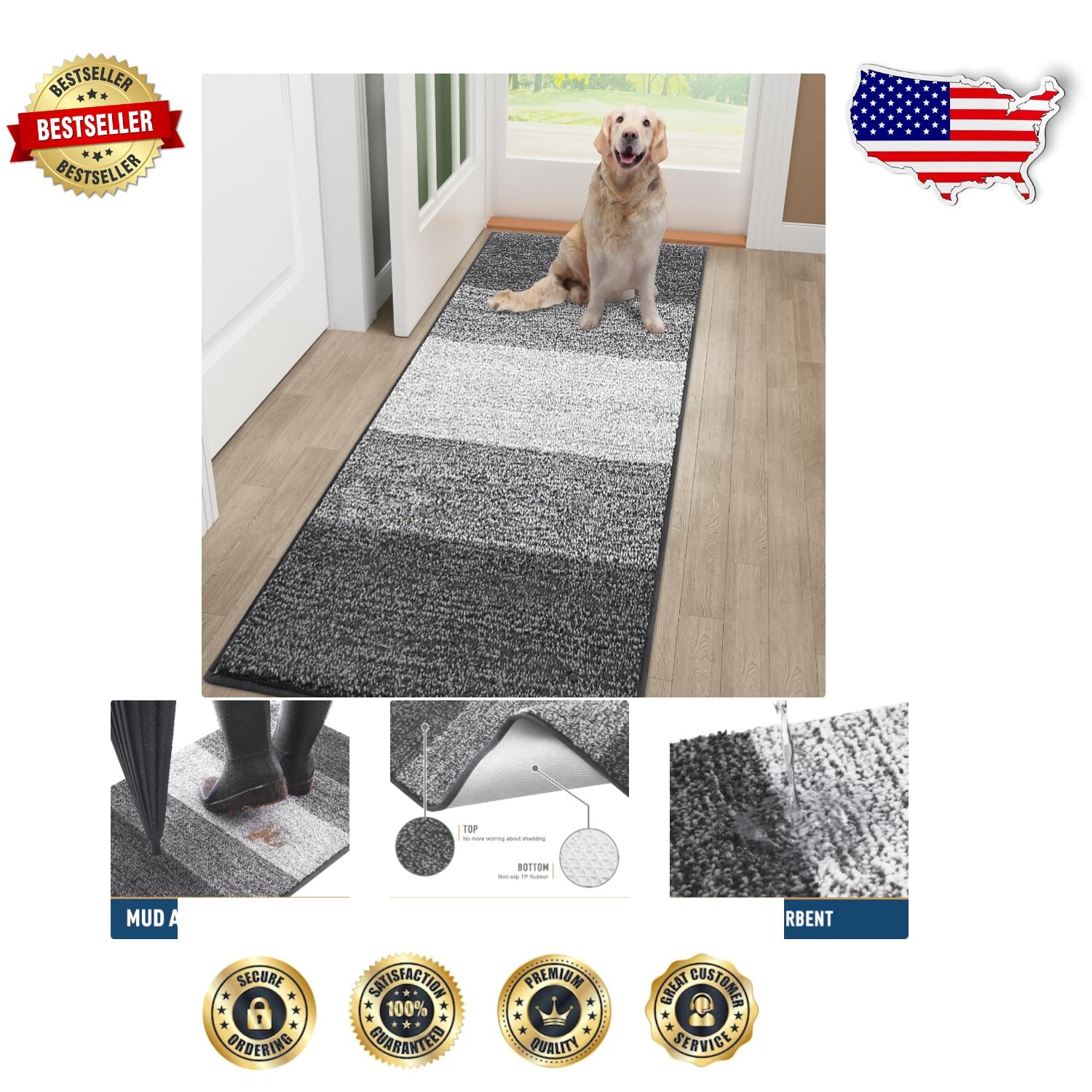 Absorbent Low-Profile Dog Door Mat 48x30 Non-Slip Striped Entry Rug