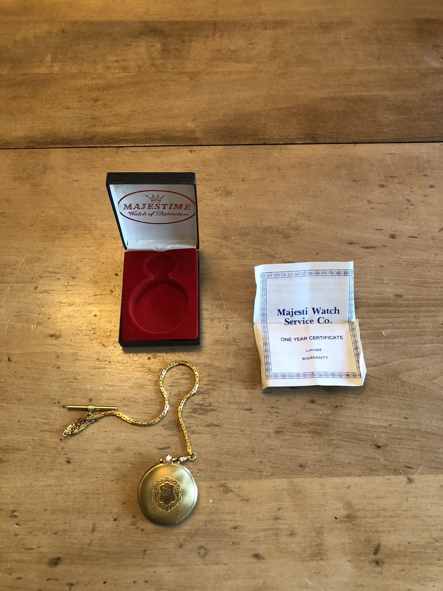 Majestime 17 Jewels Mechanical Gold Pocket Watch w Chain Case Papers WORKS
