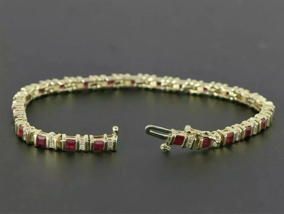 7CT Princess Cut Lab Created Ruby Men's Tennis Bracelet 14K Yellow Gold Finish - Image 4 of 4