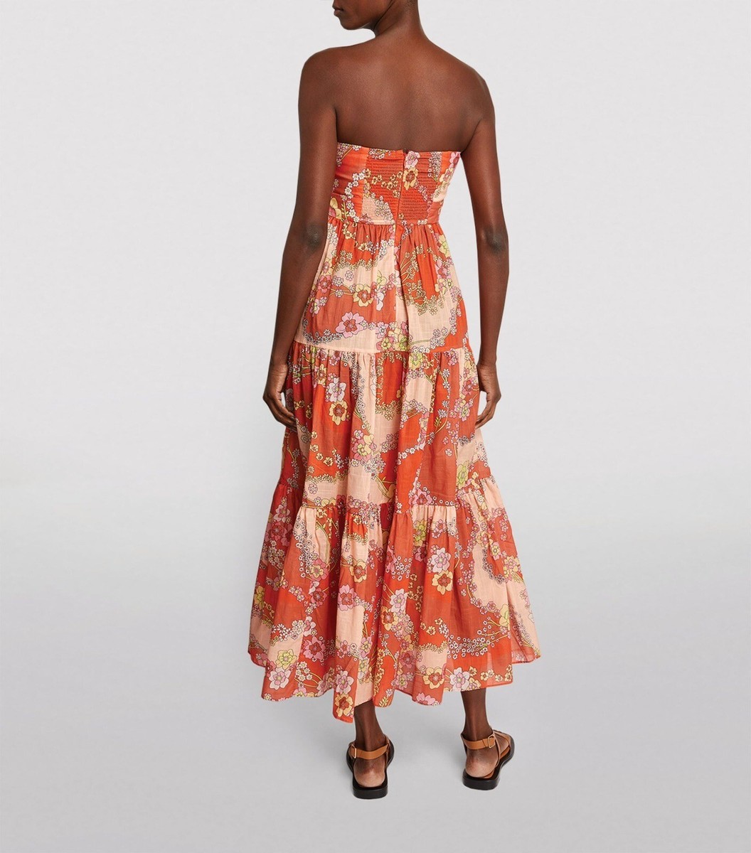 ZIMMERMANN Lola Tie Front Midi Dress Bow 70s Floral Orange Cotton Viscose  AU 1 S | eBay