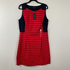 Tommy Hilfiger A-Line Dress Size 16 Red Navy Blue Striped Pleated Waist Womens