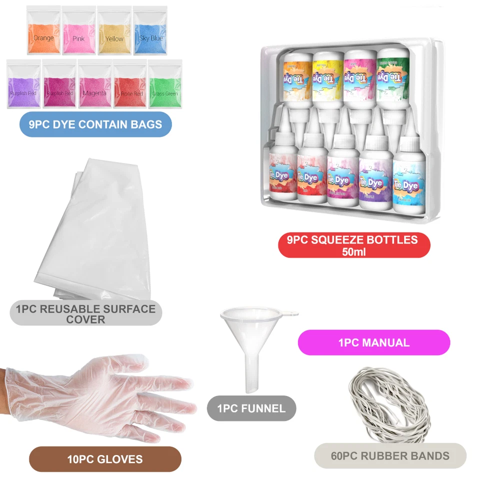 Tie Dye Kit Set of 9 Colours Ink Tie-Dye Kits for Dyeing Fabric Clothes 90pc Set - Image 3 of 4
