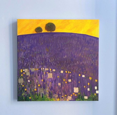 Campo lavanda contemporáneo estilo Klimt abstracto 50x50 cm pan de oro paisaje. - Imagen 2 de 4