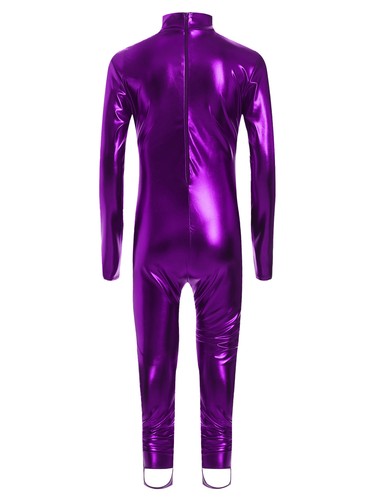 Girls Metallic Jumpsuit Mock Neck Shiny Bodysuit Stage Performance Leotard - Picture 55 of 127