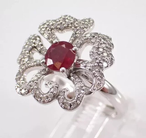 2.00Ct Round Cut Lab Created Red Ruby Flower Cluster Ring 14K White Gold Plated - Picture 3 of 14