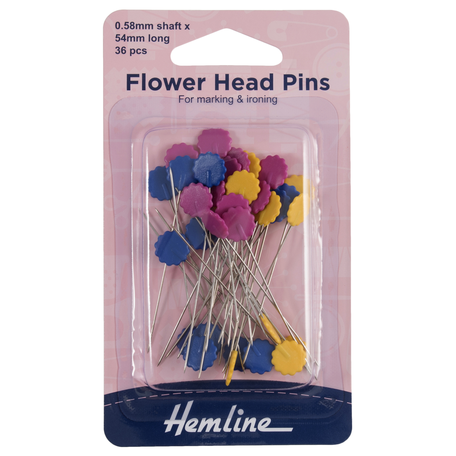 Hemline Flower Head Pins 36pcs (54mm) Sewing Quilting Embroidery Mixed Colours