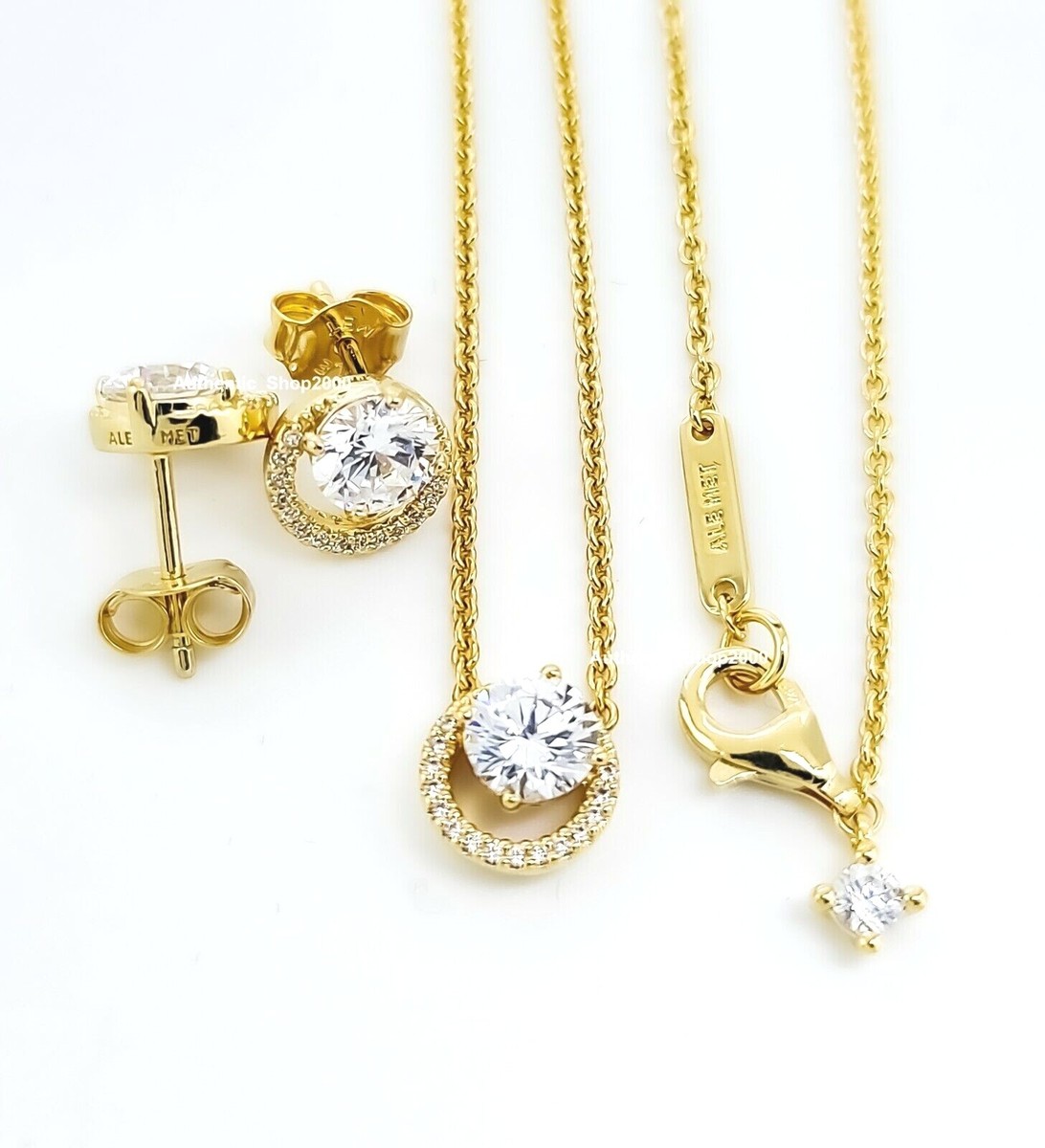 Sparkle4c_Jewelry専用 100 PANDORA 14K Gold Sparkling Halo Necklace Stud Earrings