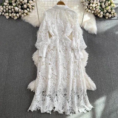 Damen Spitzen Blumen Aushöhlen Kleid Midi Elegant Party Lang Puffärmel Kleid - Bild 4 von 24