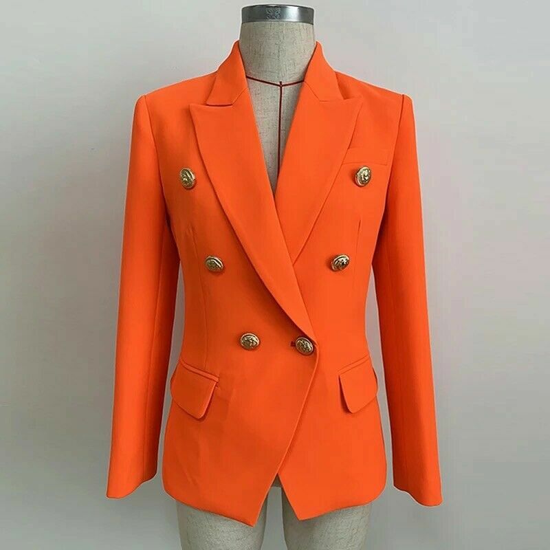 Double Breasted Neon Hot Orange Blazer With Gold Buttons