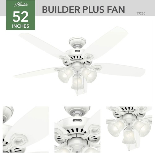Hunter Fan 53236 Builder Plus Ceiling Fan 52", 5-Blades, 3-Speed, Snow White - Picture 2 of 10