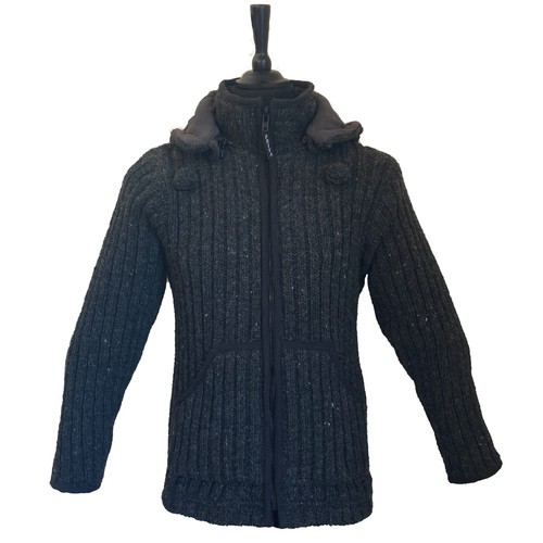Super Warm Rib Knitted Dark Grey Woollen Jacket, Fully Lined, Hood, Pockets, Zip - Picture 1 of 4