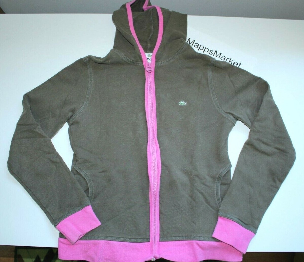 Vintage LACOSTE Women's Logo Zip Hoodie in Olive/Pink Size 38