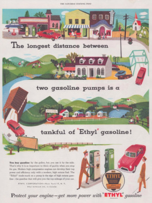 1953 Print Ad Ethyl Gasoline Longest Distance Between Two Gasoline Pumps Tankful