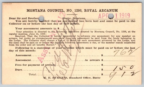 Butte, MT Christie / Leys Jewelry - Royal Arcanum Assessment 1919 Postcard - Picture 1 of 2
