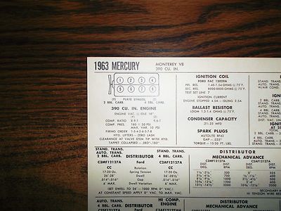 1963 Mercury EIGHT Series Monterey Models 390 CI V8 Tune Up Chart 
