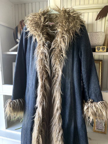 VINTAGE BOHO GIACCA PENNY LANE INSPIRED DENIM AND FAUX FUR LONG COAT SMALL NWT