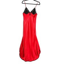 VTG Jenelle Satin Long Cami Nightgown Slip Dress Sm Red Black Lace USA Lingerie