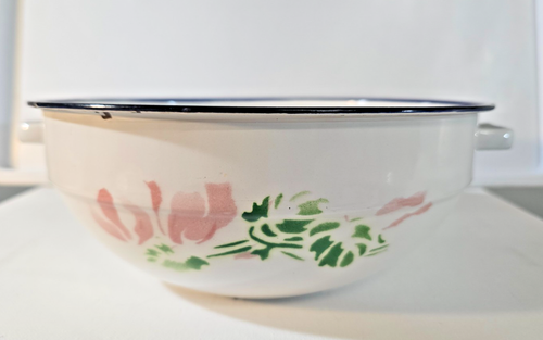 Casseruola e coperchio vintage raccolta paraurti smalto bianco blu e rosa bordo fiori - Foto 7 di 14