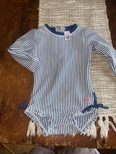 RuffleButts Navy White Seersucker Stripe Rash Guard One Piece Swimsuit 2T