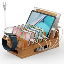Pezin  Hulin Bamboo Charging Station Holder with 5 Port USB Charger, 5 x Char...