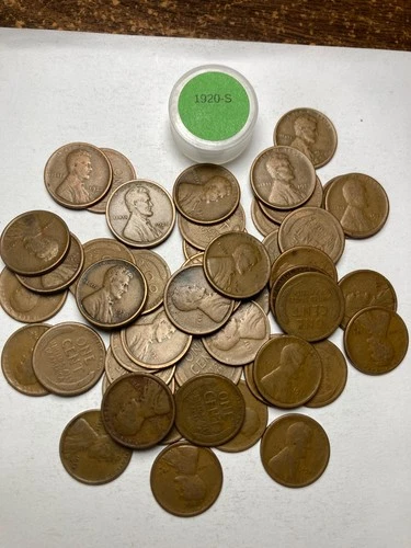 1920-S LINCOLN WHEAT CENT ROLL, 50 coins, all coins "fine" grade