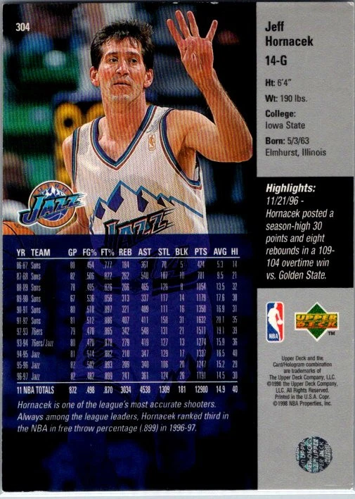 1997-98 Upper Deck #304 Jeff Hornacek - Image 2 of 2