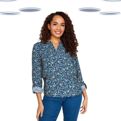 Ex M&Co Women's 3/4 Sleeve Ditsy Floral Print V-Neck Shirt in Blue (Defect) - Picture 2 of 4