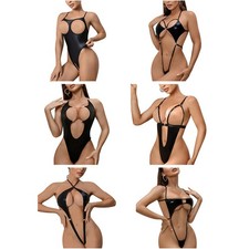 Women's Patent Leather Bodysuit Cutout Crotchless Jumpsuits Open Cups Clubwear