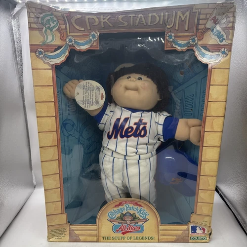 Vintage Cabbage Patch Boy Doll NY Mets Baseball uniform MLB Brown Hair- READ-
