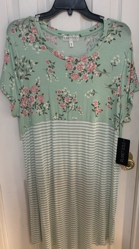 NEW With Tags! Gold Planet Shirt Dress, Women’s XL. Green Floral & Stripes