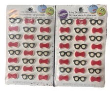 Wilton Bow Tie Nerd Glasses Cupcake Toppers Edible Sugar Decorations 2 Pack NEW