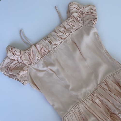 Vtg 1950s Emma Domb Peachy Pink Party Prom Dress Cupcake Off Shoulder S/M - Picture 7 of 22