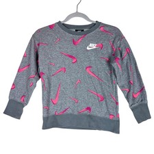 Nike Sweatshirt Kids XS Gray Pullover Fleece Allover Swoosh Logo Graphic