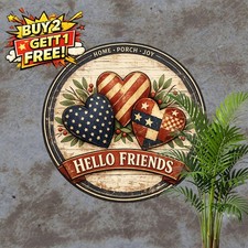 Heart Welcome 4th Of July Patriotic Round Metal Sign Wall Decor Plaque