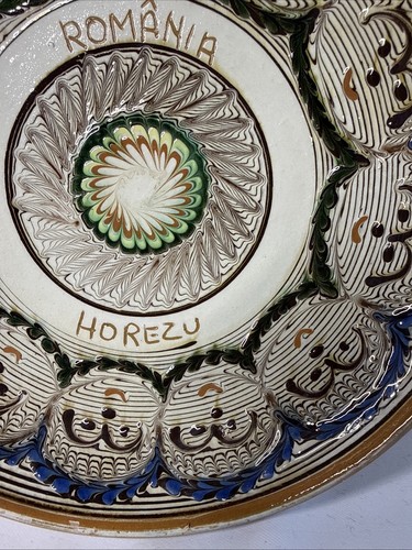 Rumänische Horezu traditionelle Keramikschale signiert Giubega Ton lächelnde Gesichter 10". - Bild 5 von 19