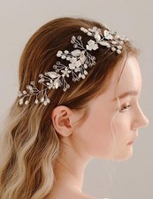 Silver Leaf Pearl Bridal Hair Vine Dainty Crystal Wedding Headband for Women