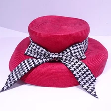Andrew Wilkie LONDON Women's Red Staw Black White Houndstooth Bow Sun Hat