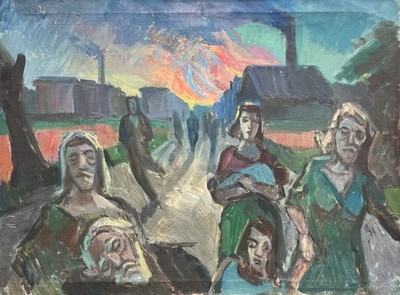 Expressive Realism Composition Group of People on a Street Oil Painting Antique 