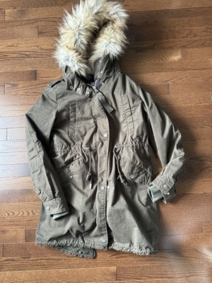 BERSHKA Women's Parka Removable lining size Med Olive w/ Faux Fur Trim on hood