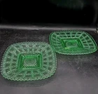 New Listing2 Vintage Green Imperial Uranium Beaded Block Depression Glass Square 8 inch