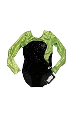 NEW Adult Small GK Leotard Long Sleeve Black Velvet Green Foil AS Gymnastics