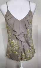 Elle Tan/yellow Floral Tank W Ruffle Detail Down Front, Adjustable Strap Size M