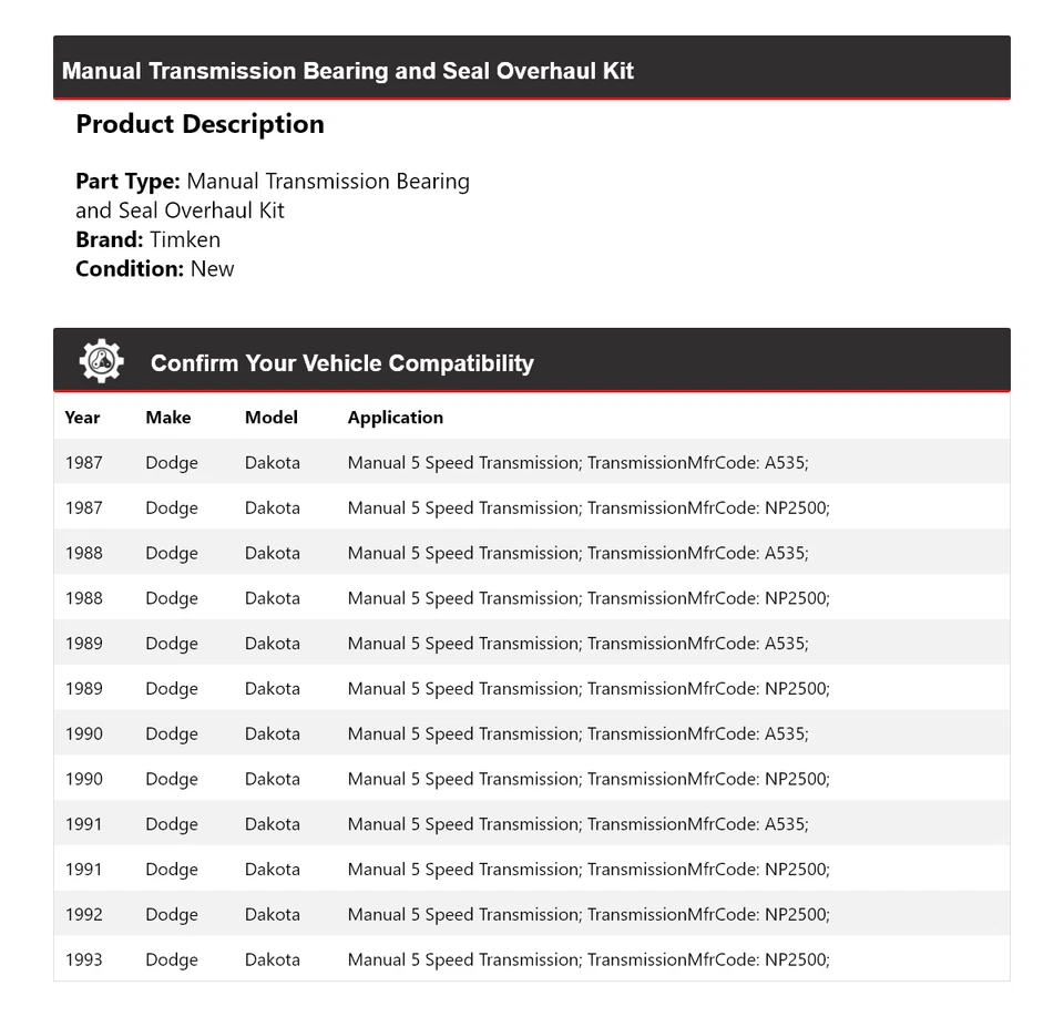 Kit de revisión de rodamientos y sellos de transmisión manual Timken para Dodge Dakota 1987-1993 Foto 2 de 3