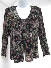 Vtg Alex Evenings 2 pc open jacket top shell S shimmer blk floral traveler MINT
